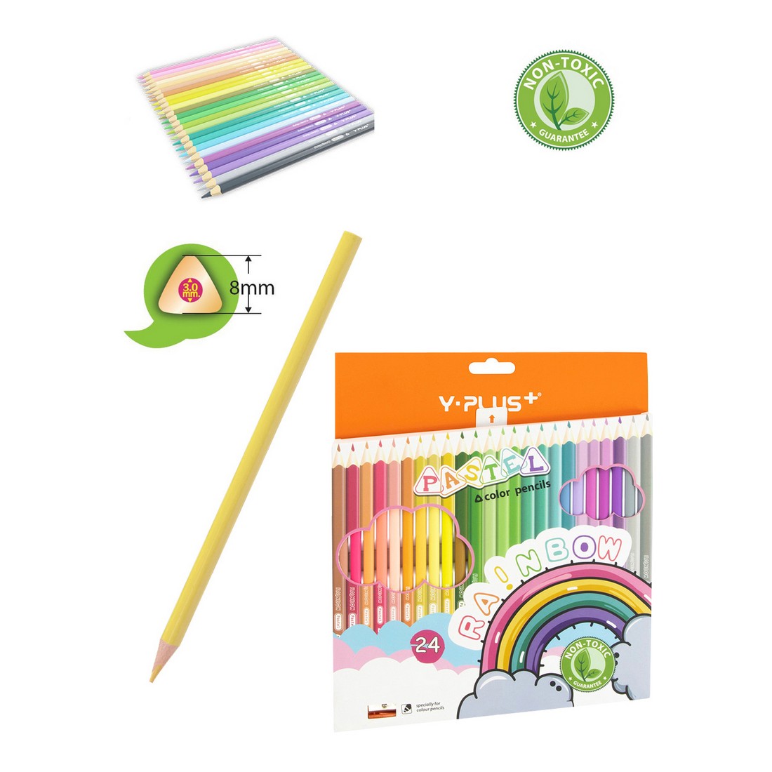 Карандаши цветные Y-plus пастельные Rainbow Pastel трехгранные набор 24 цвета и точилка - фото 2