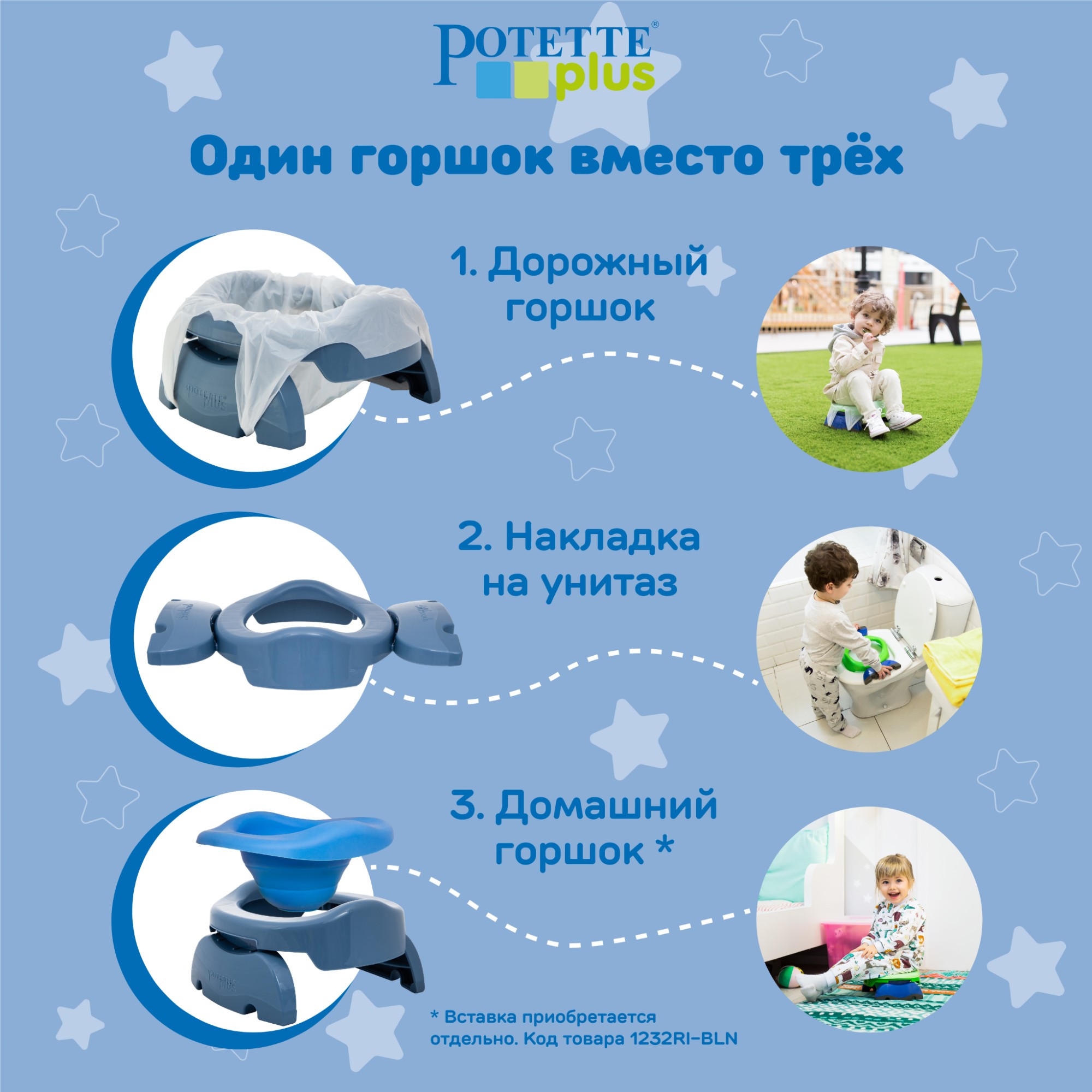 Дорожный горшок Potette Plus складной + 3 одноразовых пакета сказочно синий - фото 2