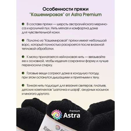 Пряжа Astra Premium Кашемировая Cashmere полушерстяная 50 г 310 м 999 черный 1 моток