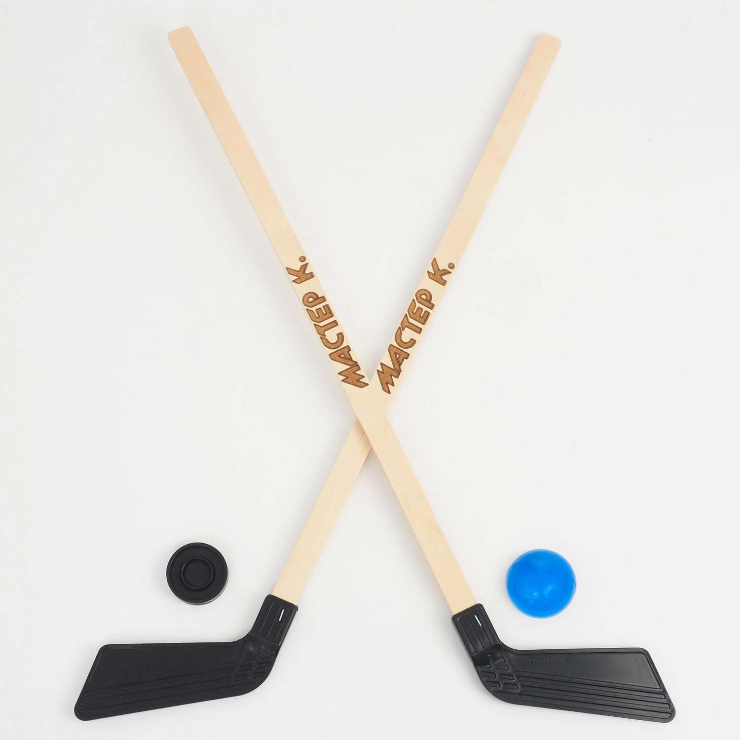 Клюшки Sima-Land для игры в хоккей «Мастер К» набор: 2 клюшки 80 см шайба 5.5х1.5 см мяч d-7 см - фото 1