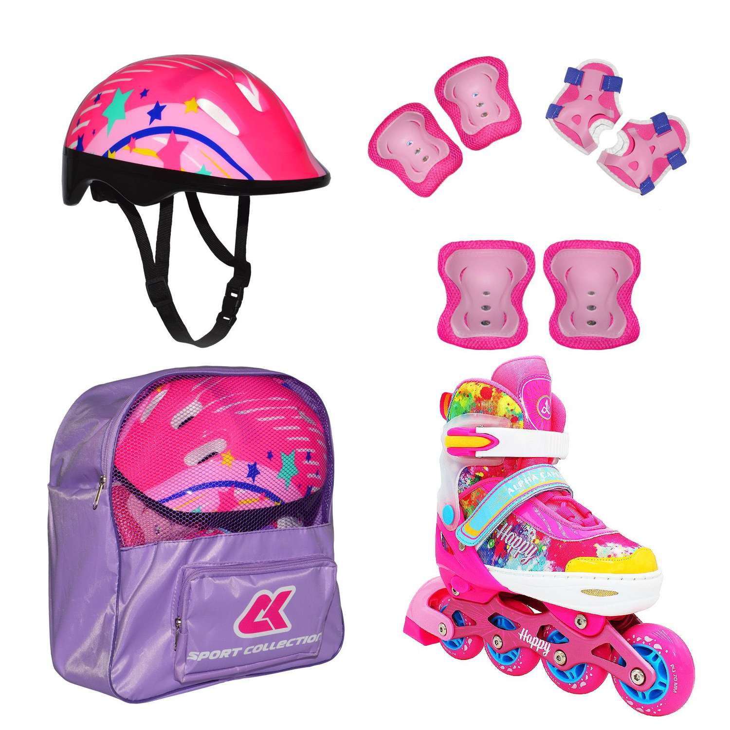 Набор роликовые коньки Sport Collection раздвижные Set Happy Pink шлем и набор защиты в сумке размер M 33-36 - фото 1