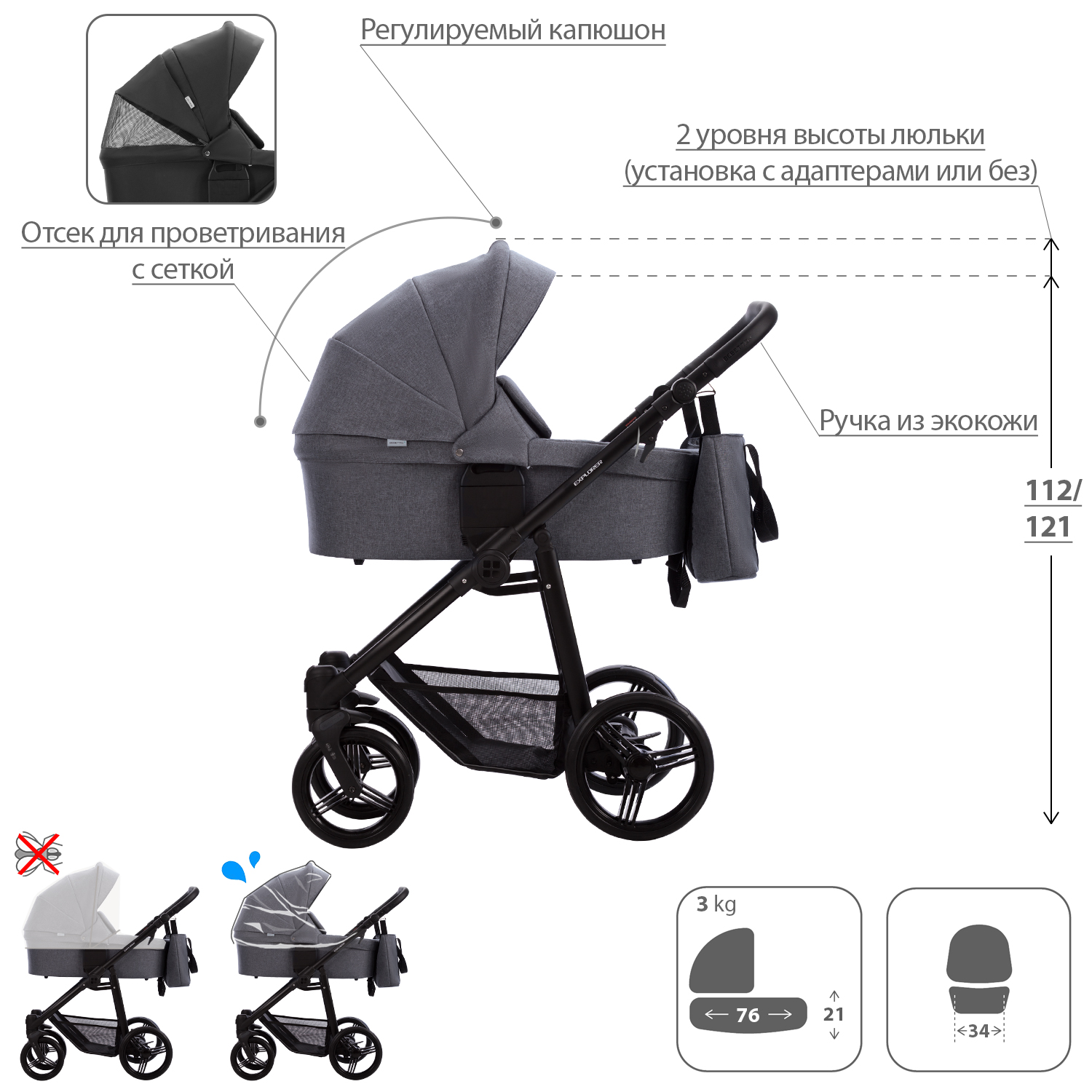 Коляска 2в1 Bebetto Explorer Air Lux шасси Черное LJ195 - фото 2