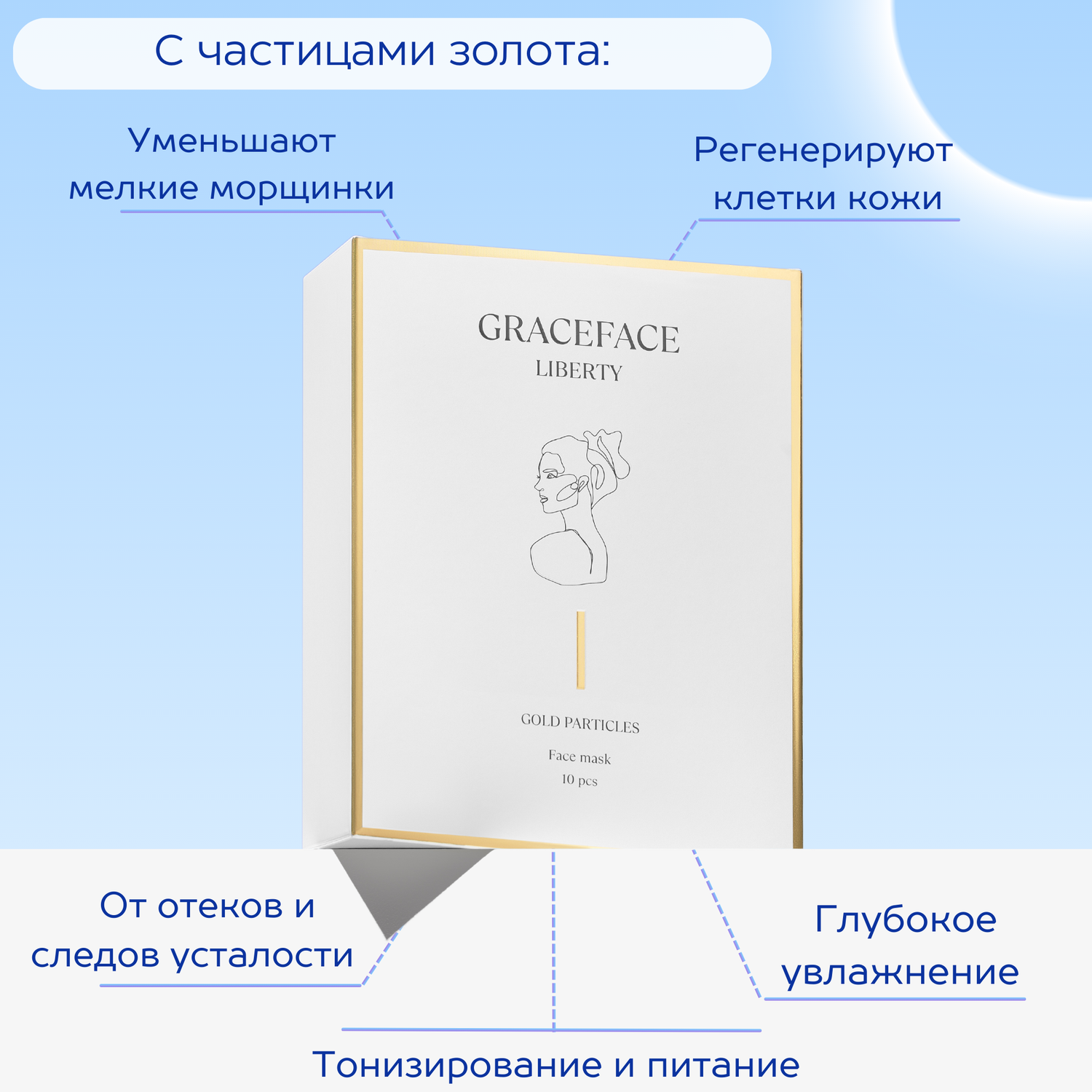 Набор тканевых масок для лица GraceFACE увлажняющие с частицами золота и гиалуроновой кислотой 10 шт - фото 2