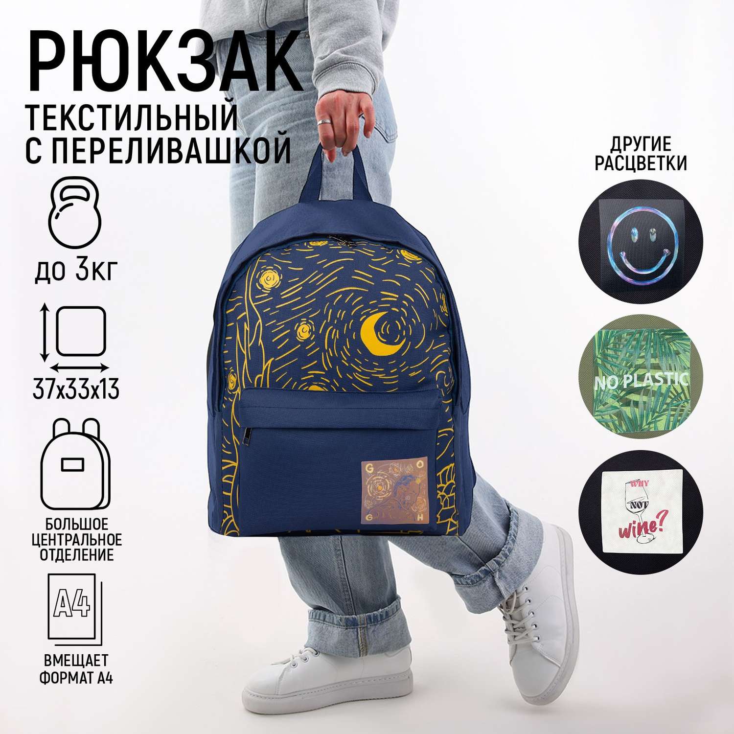 Рюкзак NAZAMOK текстильный с переливающейся нашивкой ART темно-синий - фото 2