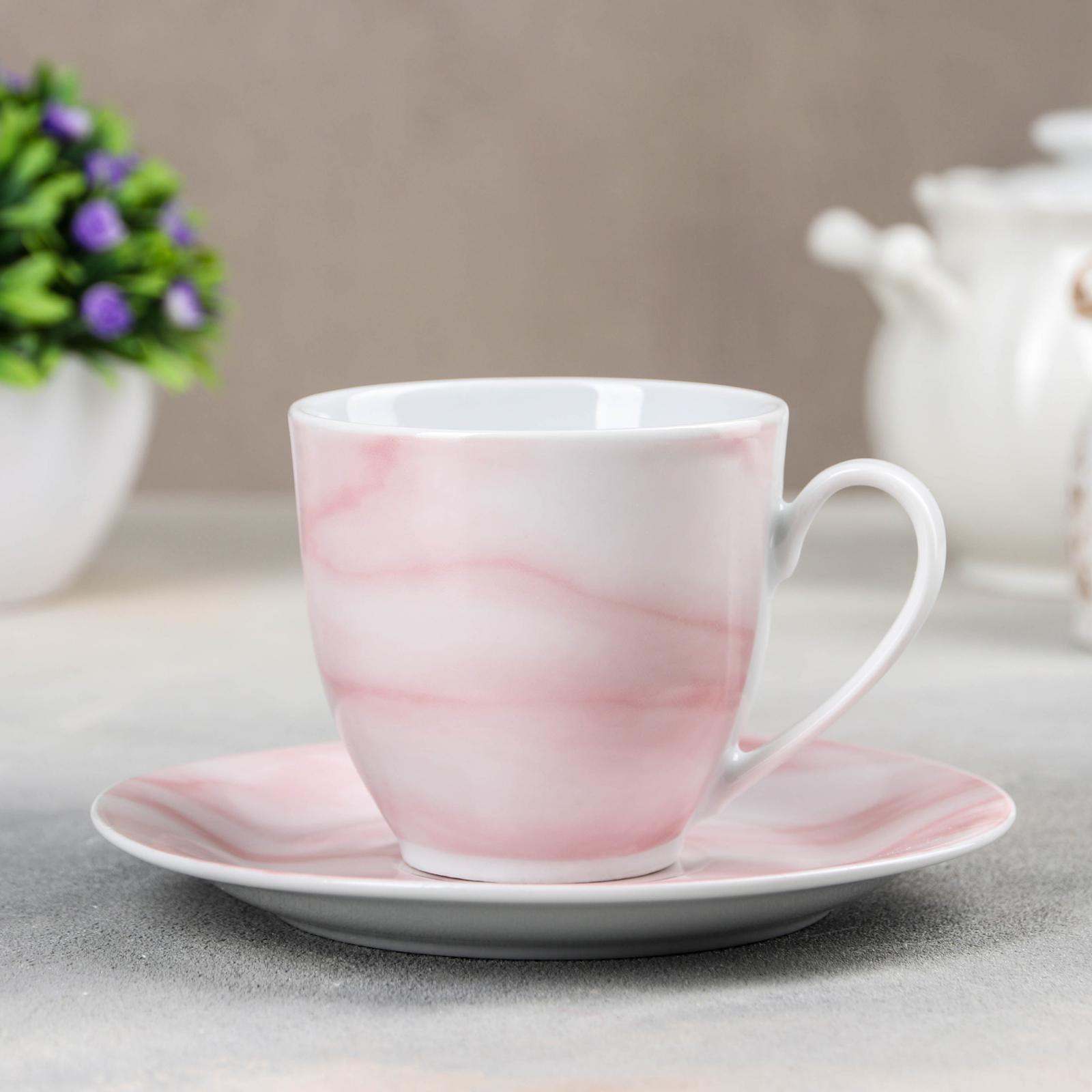 Чайная пара Доляна Мрамор чашка 200 мл блюдце цвет розовый - фото 1