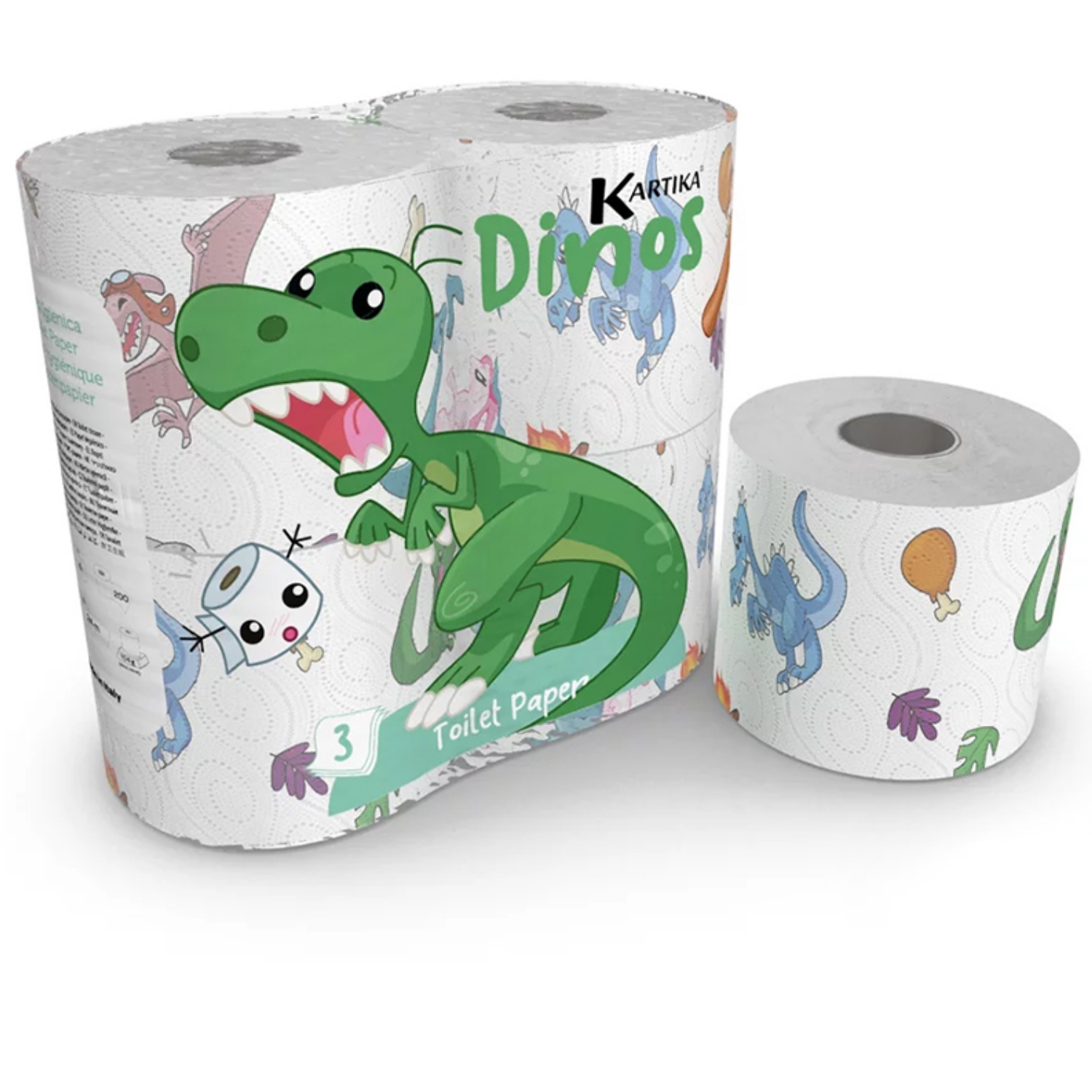 Туалетная бумага World cart с рисунком Динозавры 3 слоя 4 рулона по 200 листов - фото 1