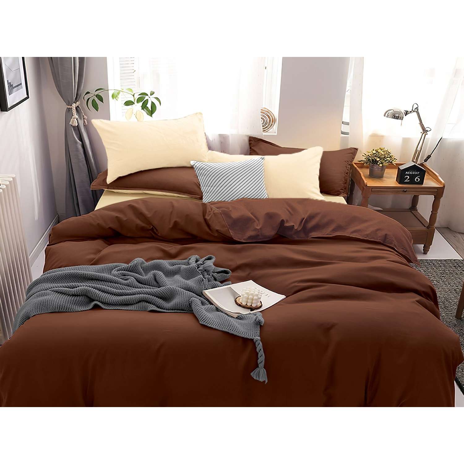Комплект постельного белья PAVLine Манетти полисатин Евро шоколад/бежевый S52 - фото 1