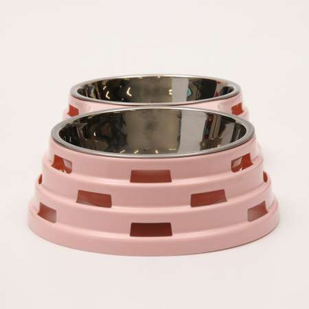 Миска Пижон металлическая двойная на пластиковом основании 33.5х18х6 см розовая 400 мл