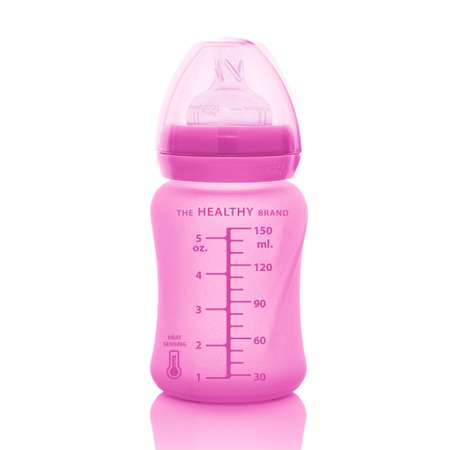 Бутылочка Everyday Baby Healthy стеклянная с индикатором температуры и силиконовым покрытием 150 мл розовый