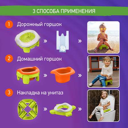 Горшок дорожный ROXY-KIDS складной с многоразовой вкладкой HandyPotty 3 в 1 цвет лайм/оранжевый