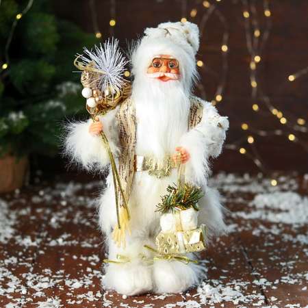 Дед мороз Sima-Land «С подарками и в ремешке» 31 см бело-золотой