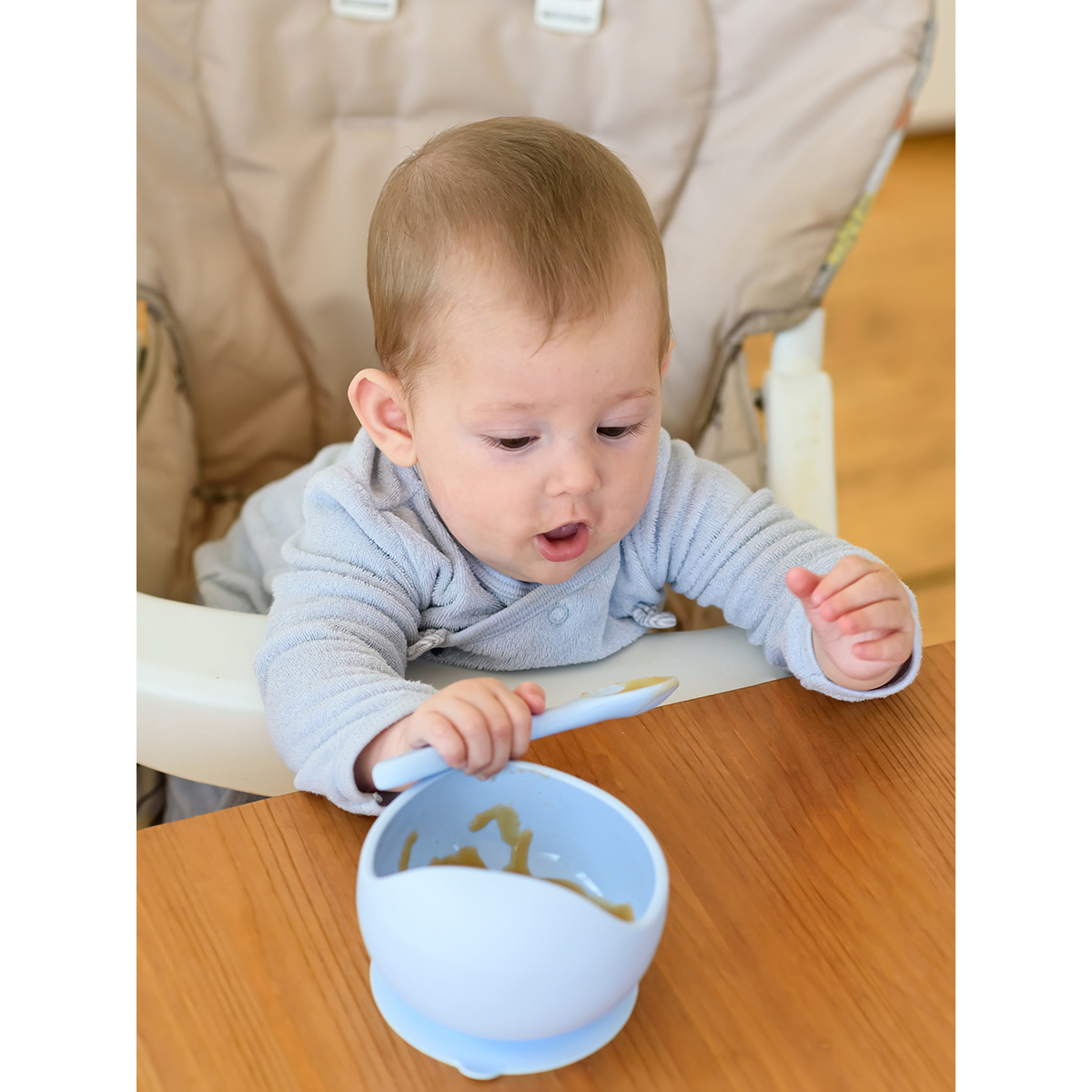 Набор для кормления Miyoumi Силиконовая тарелка на присоске + ложка - Baby blue - фото 4