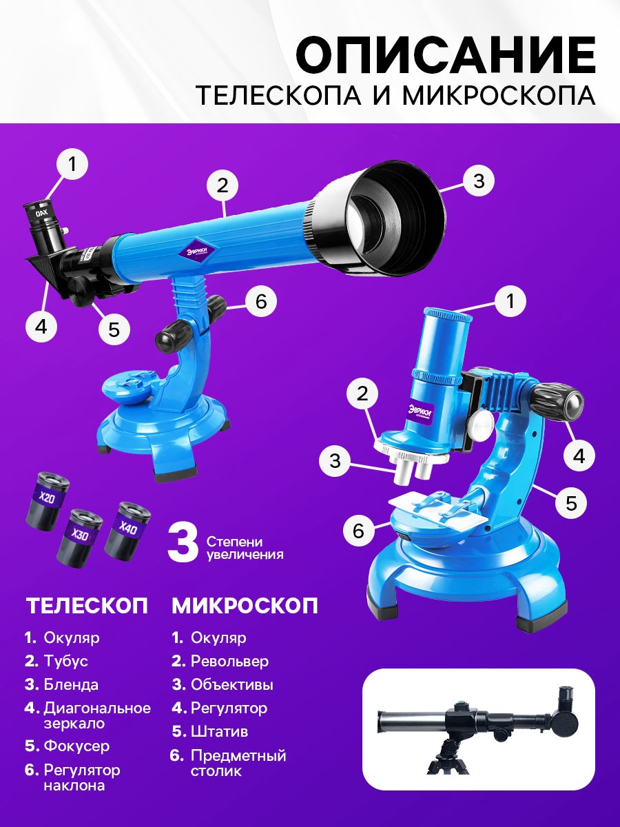 Набор для опытов учёного Эврики «Телескоп+Микроскоп» 3-х кратное увеличение работает от батареек - фото 2