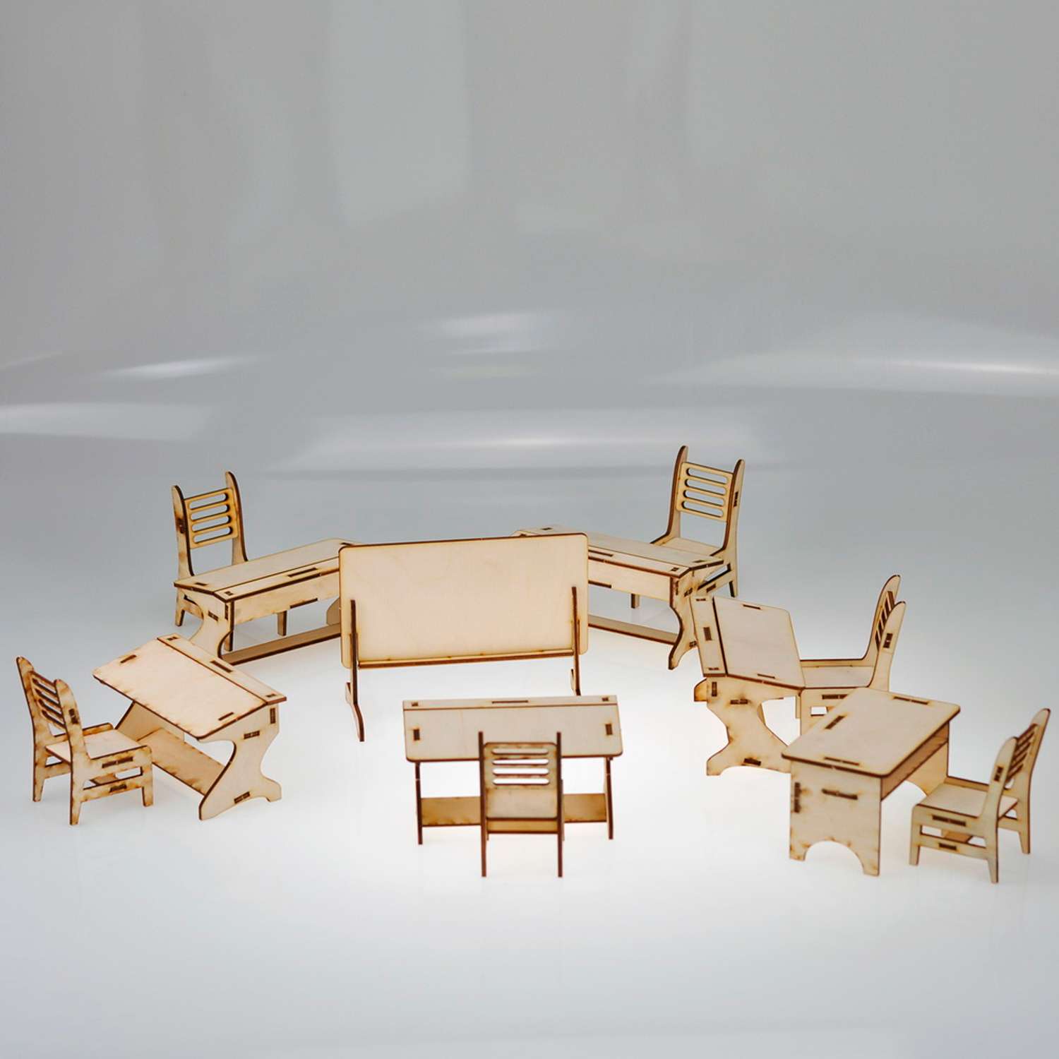 Игровой деревянный класс Amazwood 5 парт- учительский стол - доска - 6 стульев - 6 кукол AW1006 - фото 1