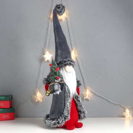 Кукла интерьерная Зимнее волшебство «Дед Мороз с ёлкой в мешке серая бархатная шуба» 51х18х18 см
