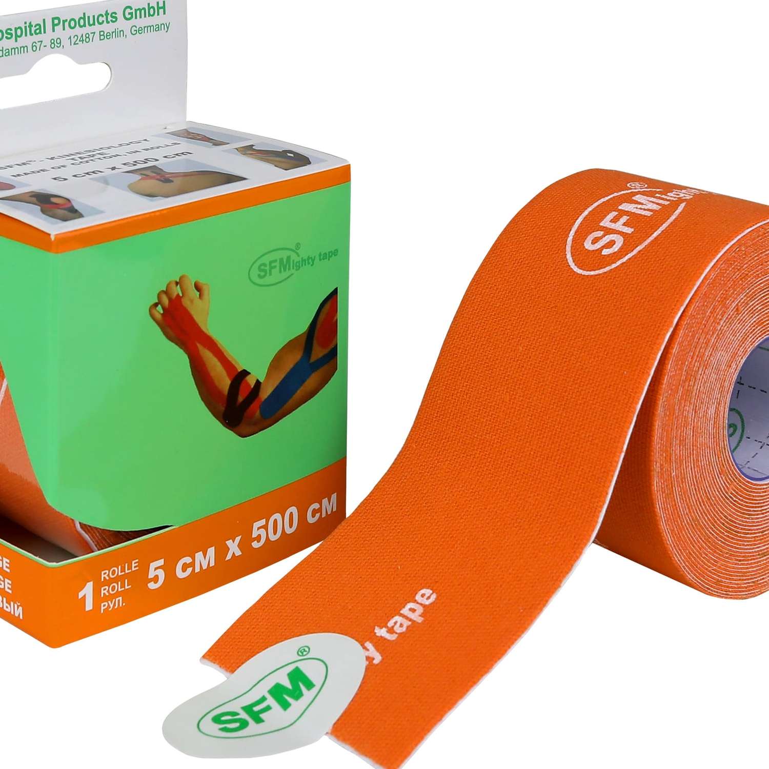 Кинезиотейп SFM Hospital Products Plaster на хлопковой основе 5х500 см оранжевого цвета в диспенсере с логотипом - фото 2