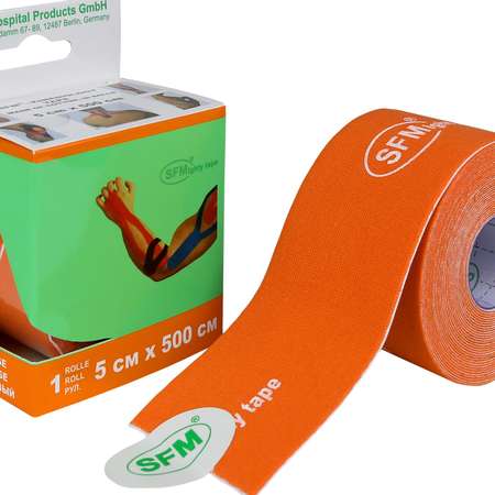 Кинезиотейп SFM Hospital Products Plaster на хлопковой основе 5х500 см оранжевого цвета в диспенсере с логотипом