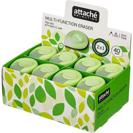 Ластик Attache Selection 2в1 с пластиковым держателем зелёный 15 шт