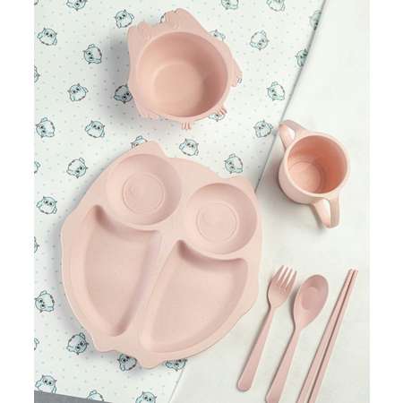 Набор детской посуды Добрый Филин Детская тарелка вилка ложка Совушка розовая 6 предметов