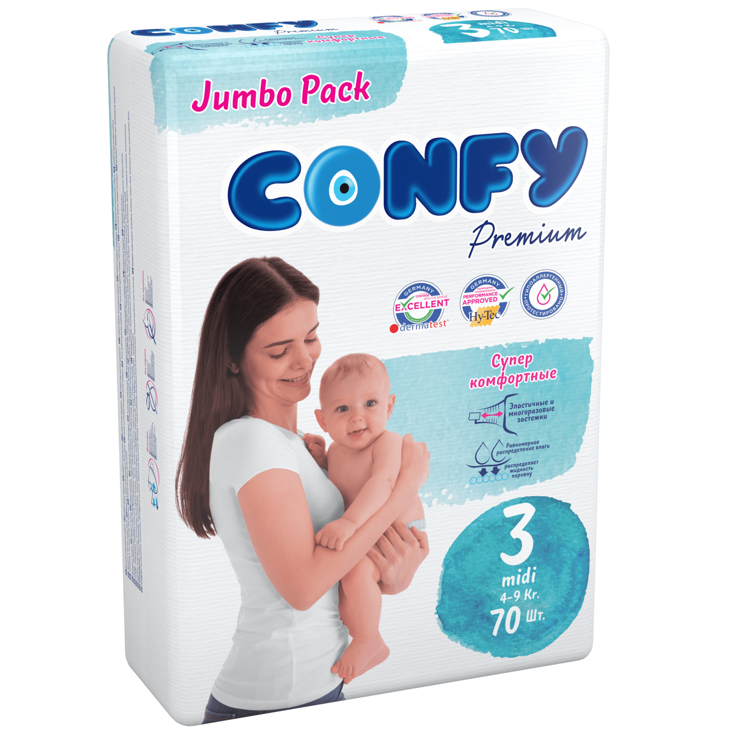 Подгузники детские CONFY Premium Midi размер 3 4-9 кг Jumbo упаковка 70 шт CONFY - фото 2