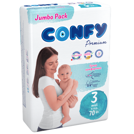 Подгузники детские CONFY Premium Midi размер 3 4-9 кг Jumbo упаковка 70 шт CONFY