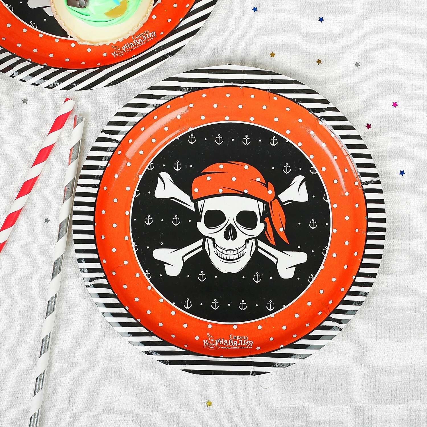 Набор бумажной посуды Страна карнавалия С днем рождения пиратский 6 тарелок 6 стак 6 колп 1 гирл - фото 3