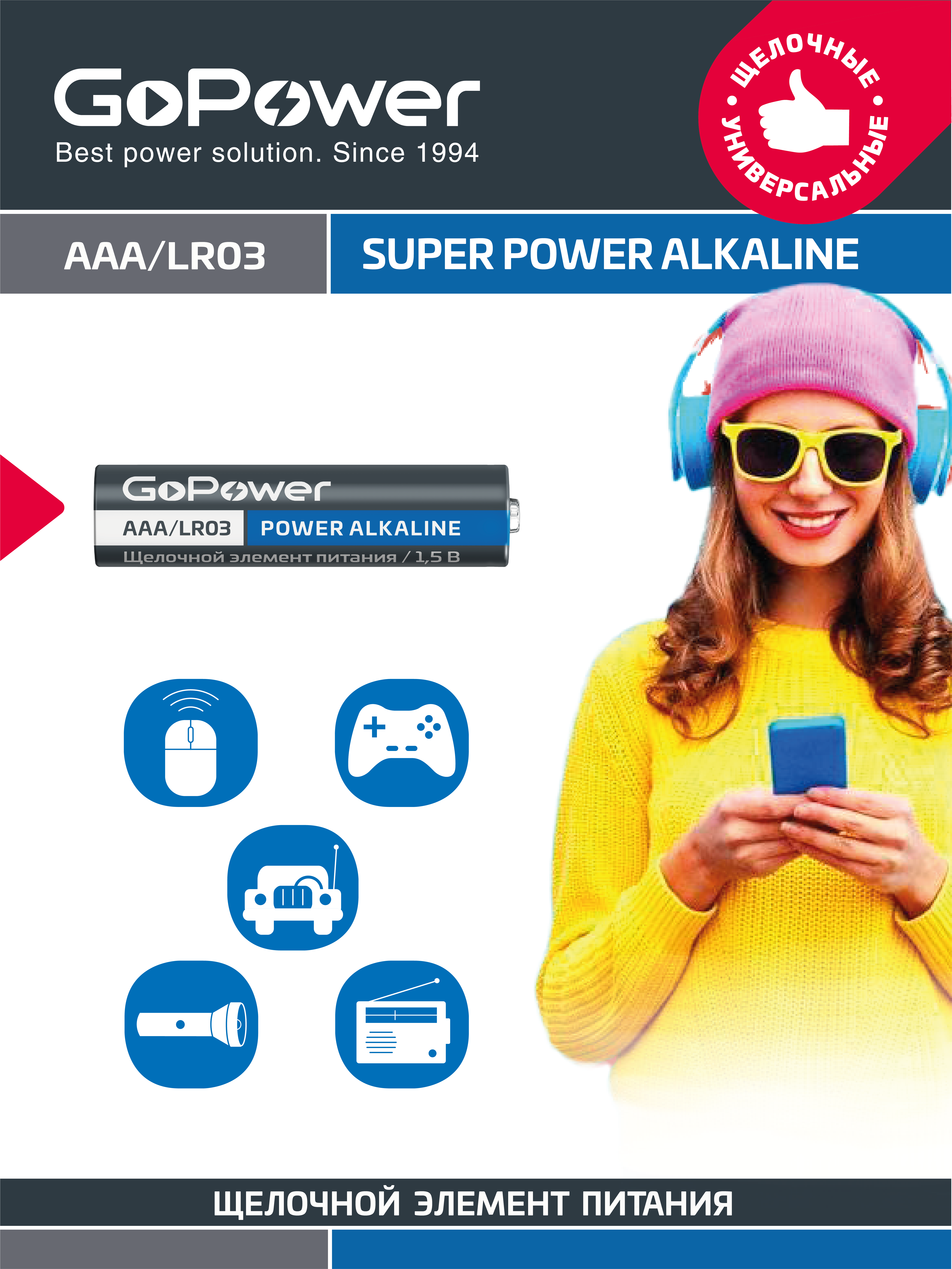 Батарейка GoPower LR03 AAA BOX20 Shrink 4 Alkaline 1.5V (00-00017749)