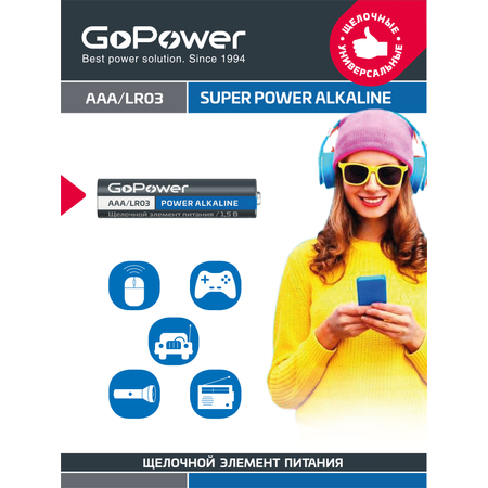 Батарейка AAA 20шт GoPower Батарейка GoPower LR03 AAA BOX20 Shrink 4 Alkaline 1.5V