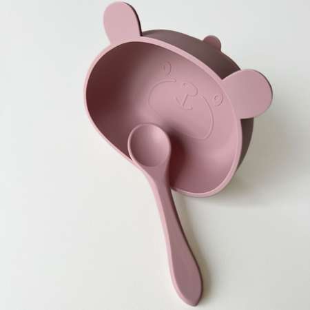 Набор посуды Croobie тарелка на присоске с ложкой Мишка Розовая Пудра