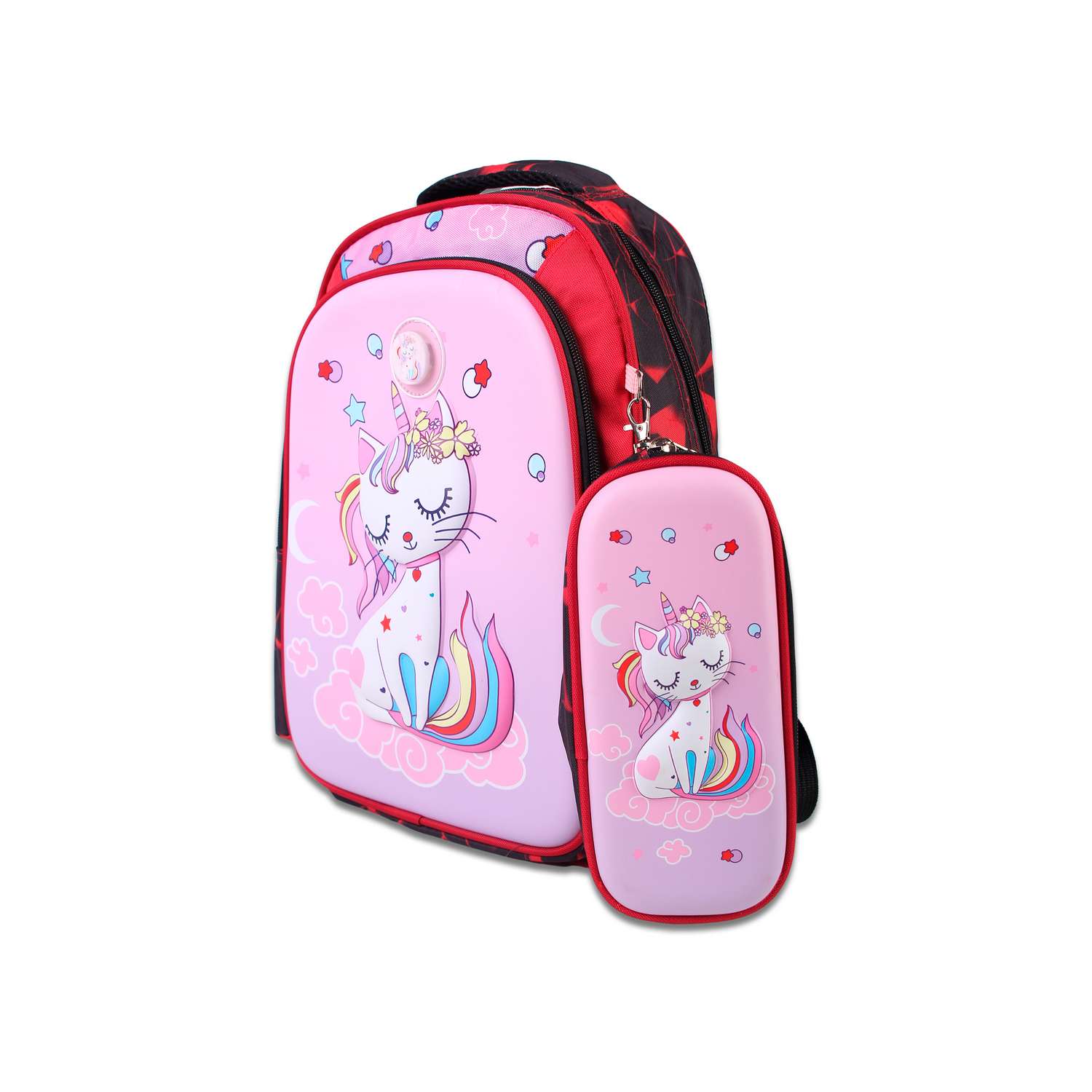 Рюкзак школьный Little Mania Кот и единорог красно-чёрный - фото 3