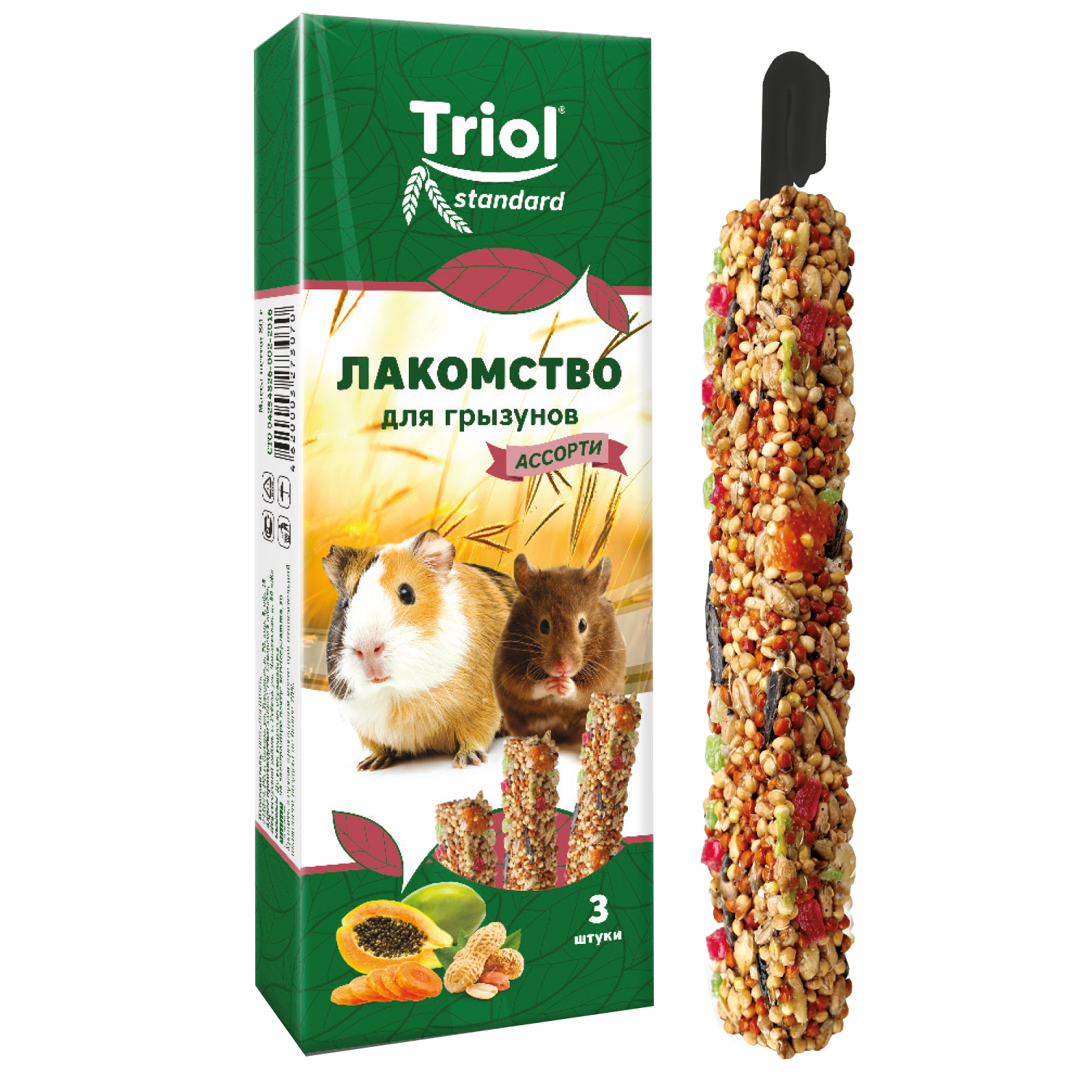 Лакомство для грызунов Triol 75г Standard ассорти с фруктами овощами и орехами 3шт - фото 2