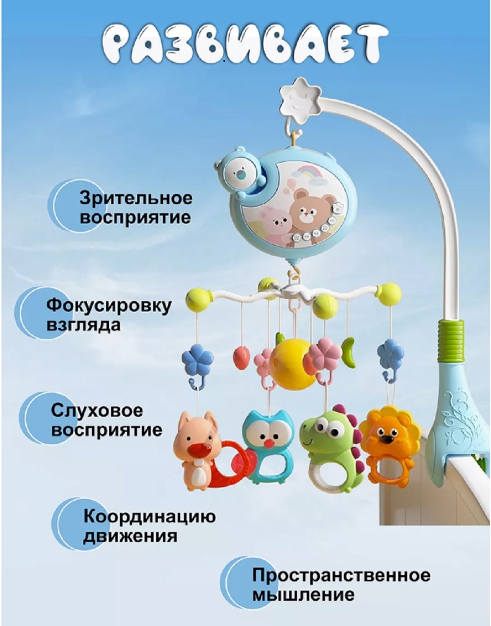 Детский музыкальный мобиль ТОТОША Мишка карусель с проектором подвесными игрушками и музыкой - фото 4