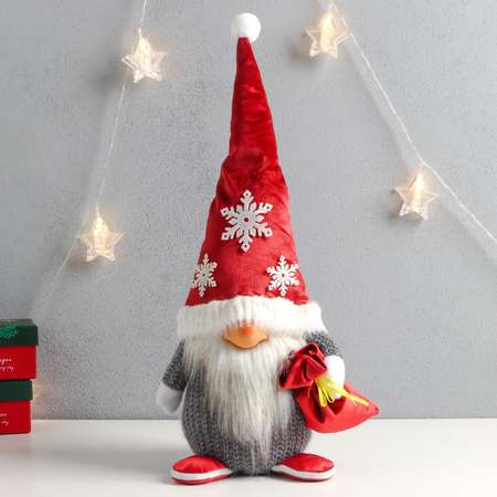 Кукла интерьерная Зимнее волшебство «Дед Мороз с мешком бархатный красный колпак со снежинками» 48х20х15 см