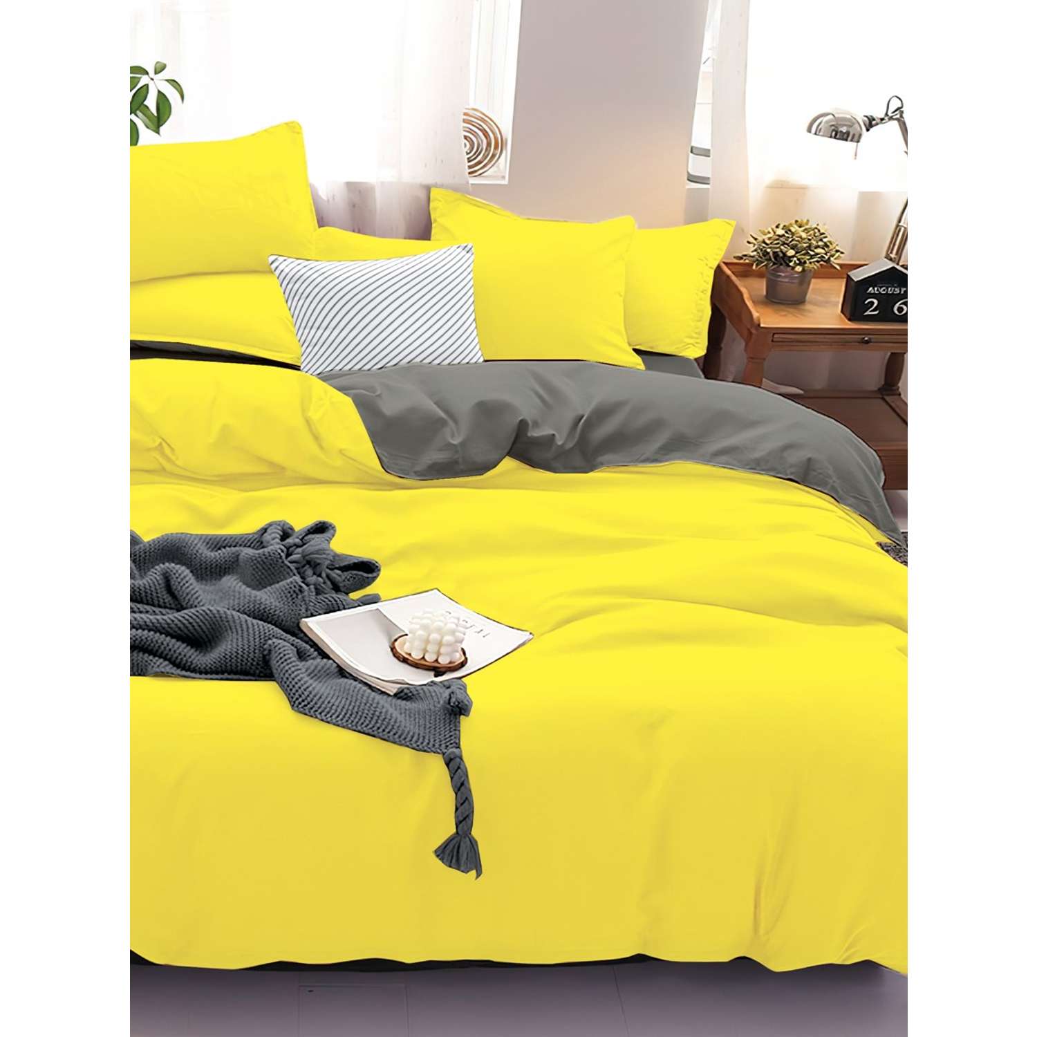 Комплект постельного белья PAVLine Манетти полисатин Евро желтый/серый S15 - фото 4