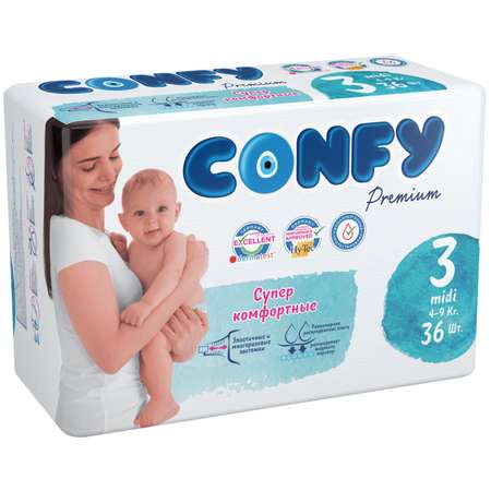 Подгузники детские CONFY Premium Midi размер 3 4-9 кг 36 шт CONFY