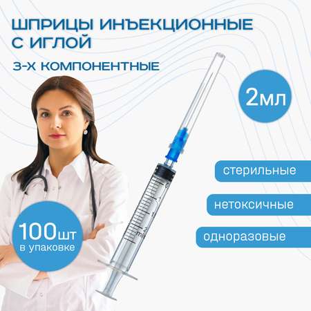 Шприцы ADVANTA инъекционные 2 мл 100 шт 3-х компонентные одноразовые с иглой