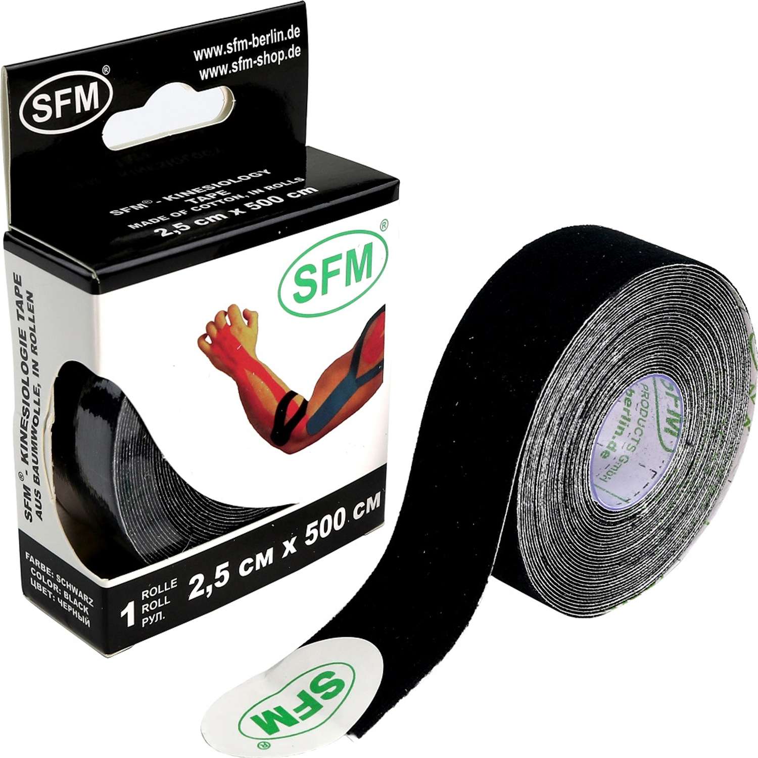 Кинезиотейп SFM Hospital Products SFM-Plaster на хлопковой основе 2.5см Х 500см черного цвета в диспенсере - фото 2