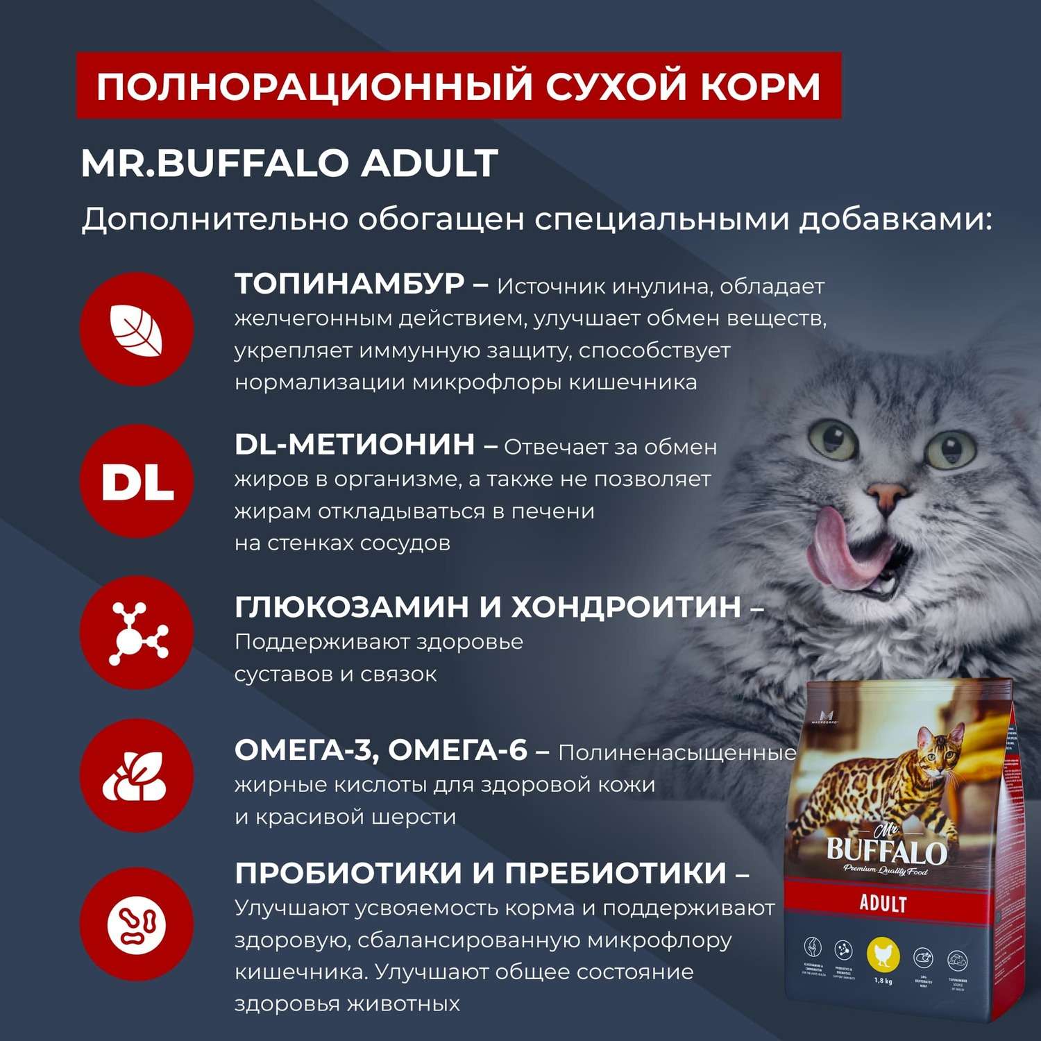 Корм для взрослых кошек Mr.Buffalo Adult с курицей сухой 1.8кг - фото 4