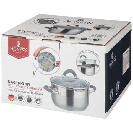 Кастрюля Agness profi home со стеклянной крышкой 2 л нжс 914-216