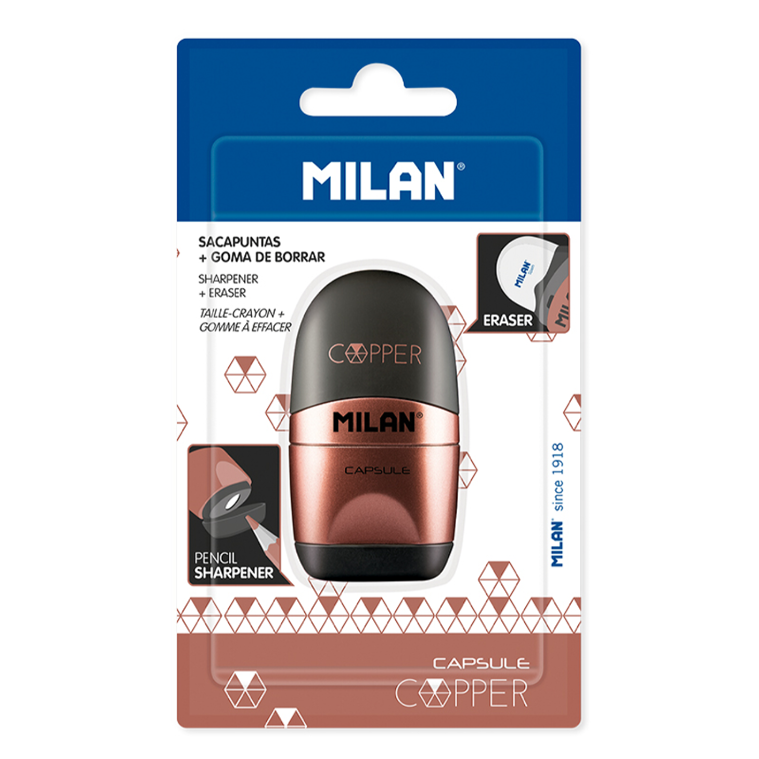 Набор точилка с ластиком MILAN Capsule Copper черного цвета в блистере - фото 1