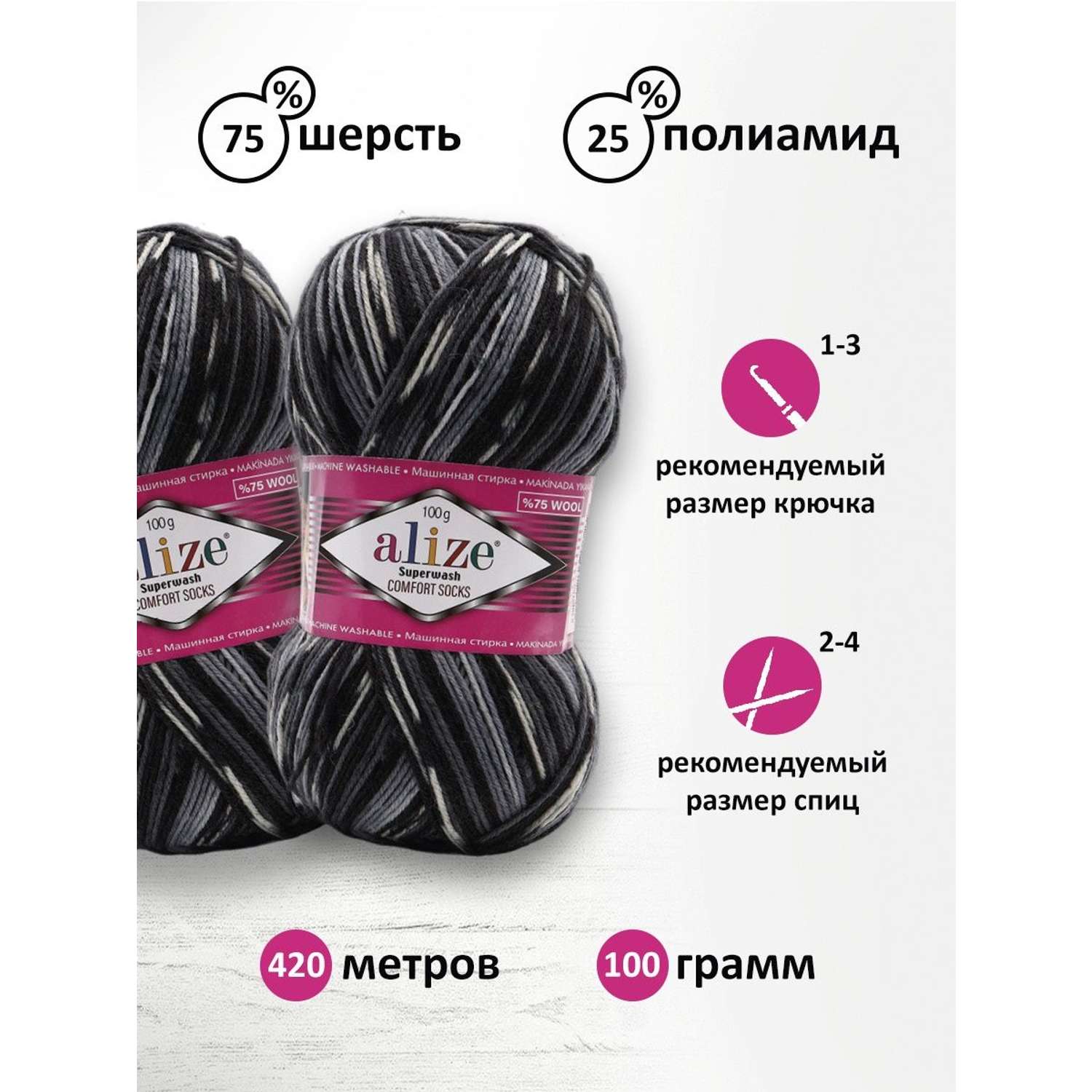 Пряжа Alize теплая для вязания носков Superwash Comfort Socks 100 гр 420 м 5 мотков 2695 секционный - фото 3