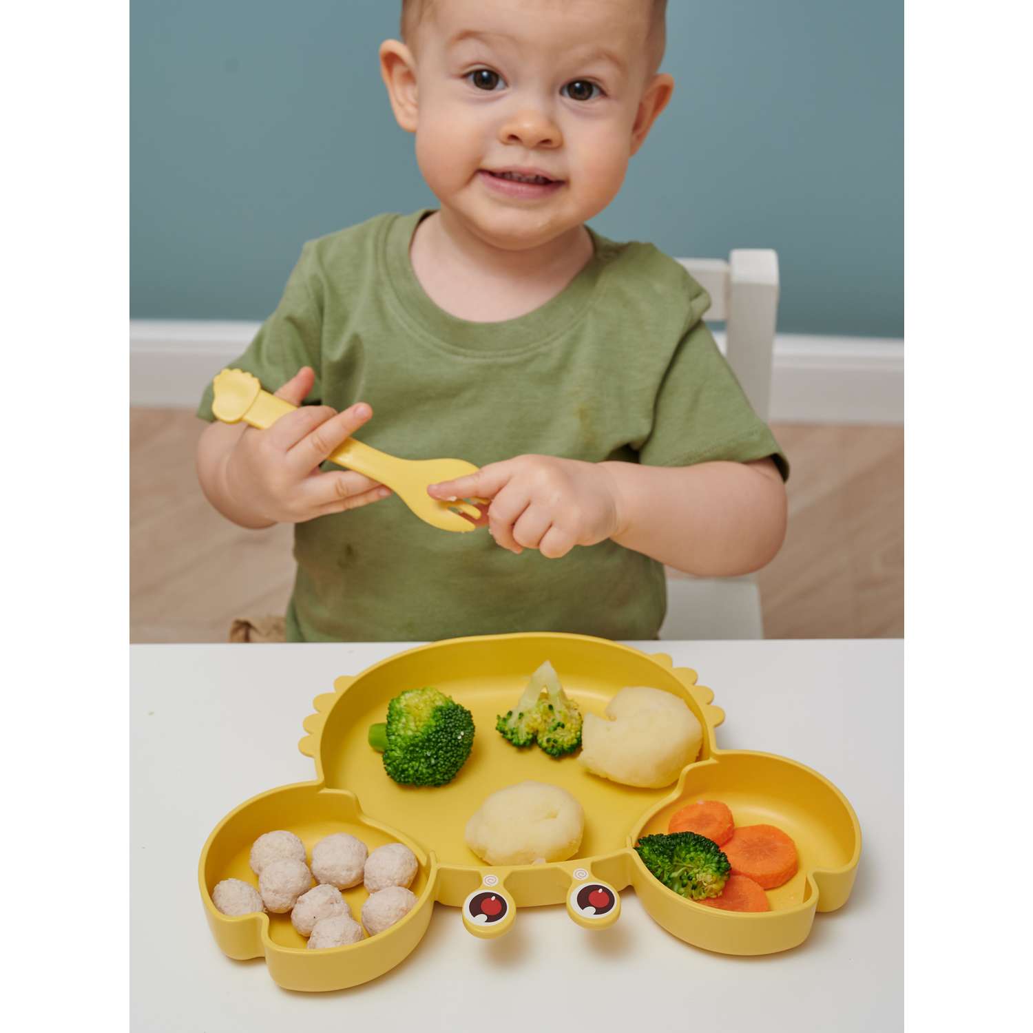 Набор детской посуды Добрый Филин Тарелка вилка ложка Крабик желтый 4 предмета - фото 8