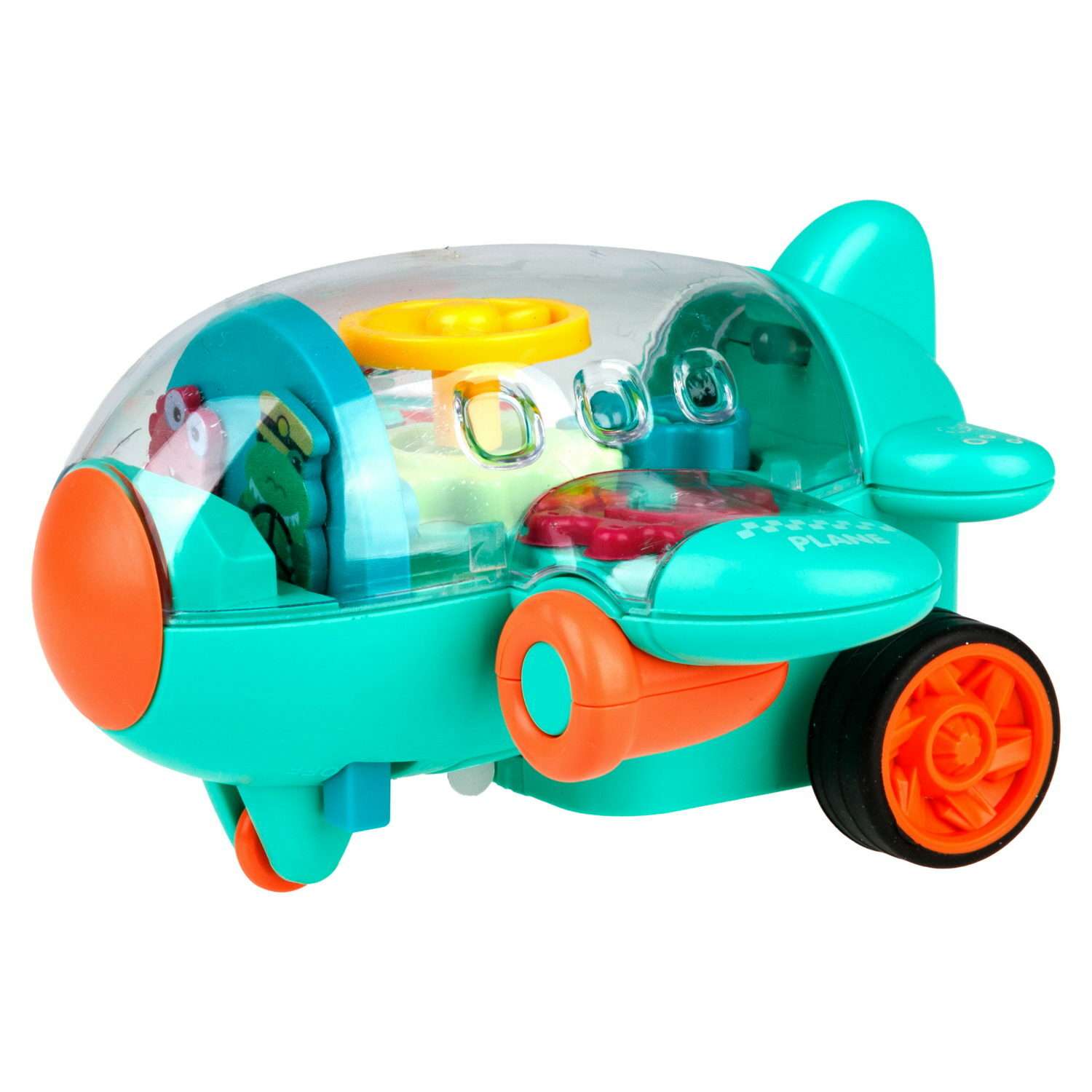 Самолет игрушка для детей 1TOY Движок бирюзовый прозрачный с шестеренками светящийся на батарейках - фото 1
