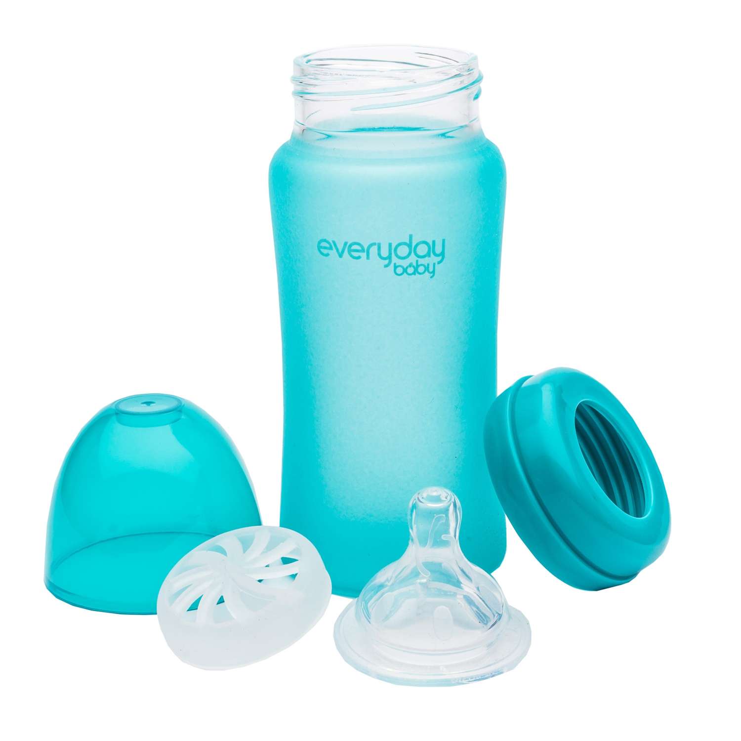 Бутылочка Everyday Baby Healthy стеклянная с индикатором температуры и силиконовым покрытием 240 мл бирюзовый - фото 2