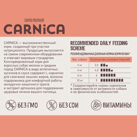 Корм для собак Carnica 85г с индейкой для поддержания веса кусочки в соусе консервированный