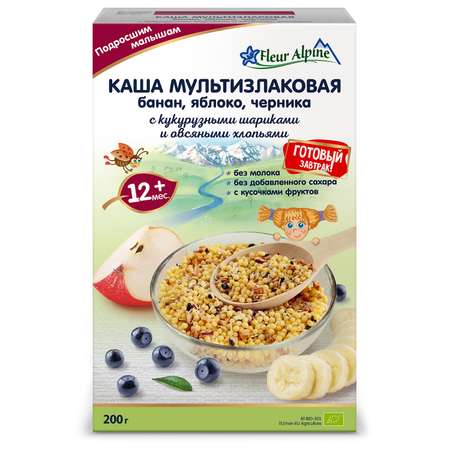 Каша Fleur Alpine мультизлаковая банан-яблоко-черника с кукурузными шариками и овсяными хлопьями 200г с 12месяцев