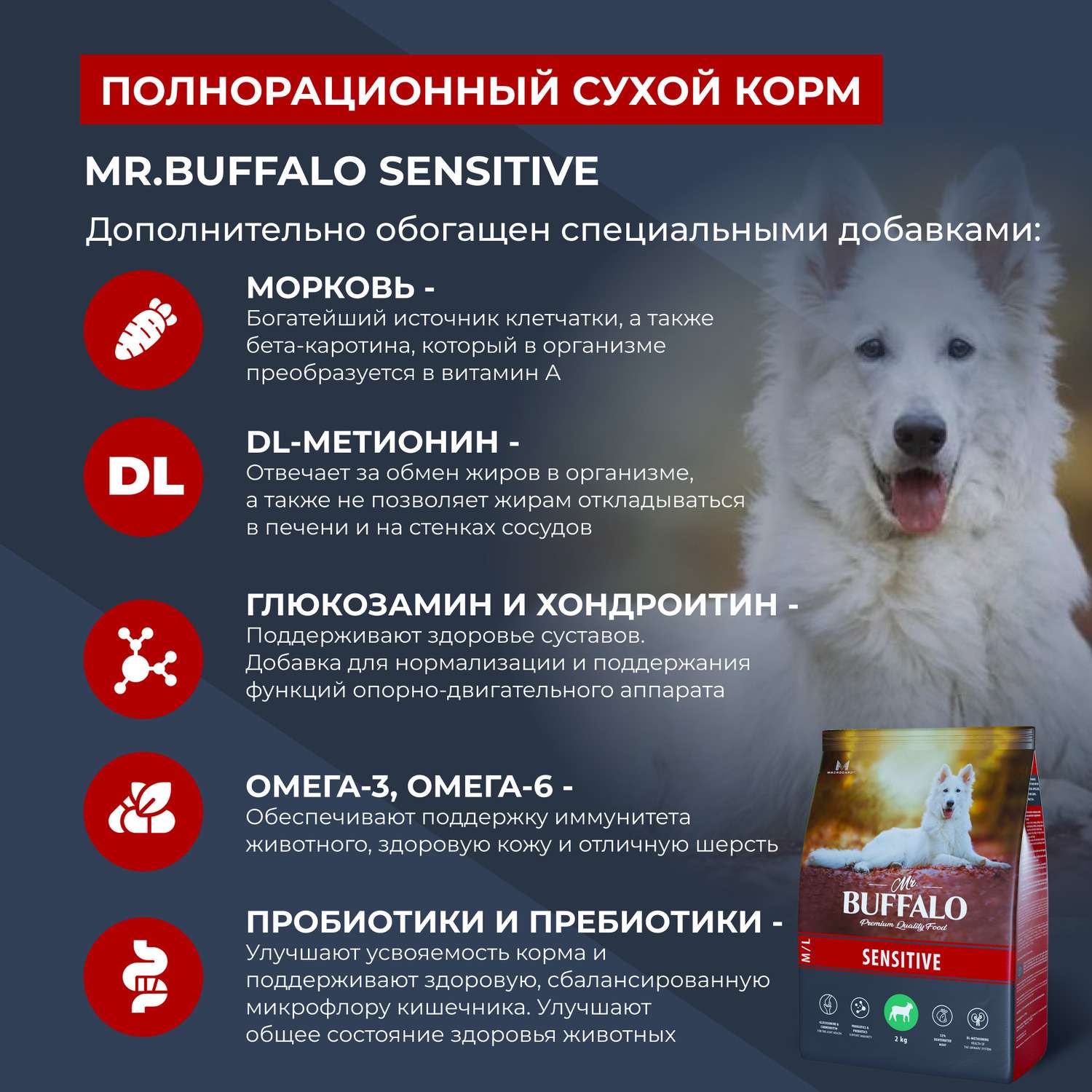Корм для взрослых собак Mr.Buffalo Sensitive всех пород с чувствительным пищеварением с ягненком сухой 2кг - фото 4