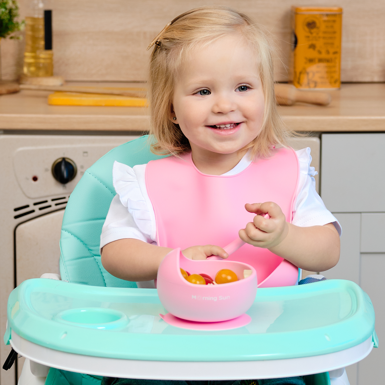 Набор для кормления Morning Sun силиконовый нагрудник тарелка и ложечка детская розовый - фото 12