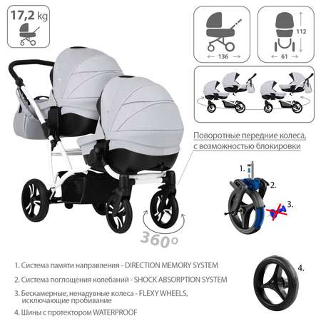 Коляска 2в1 Bebetto 42 Comfort для двойни шасси Белое 03