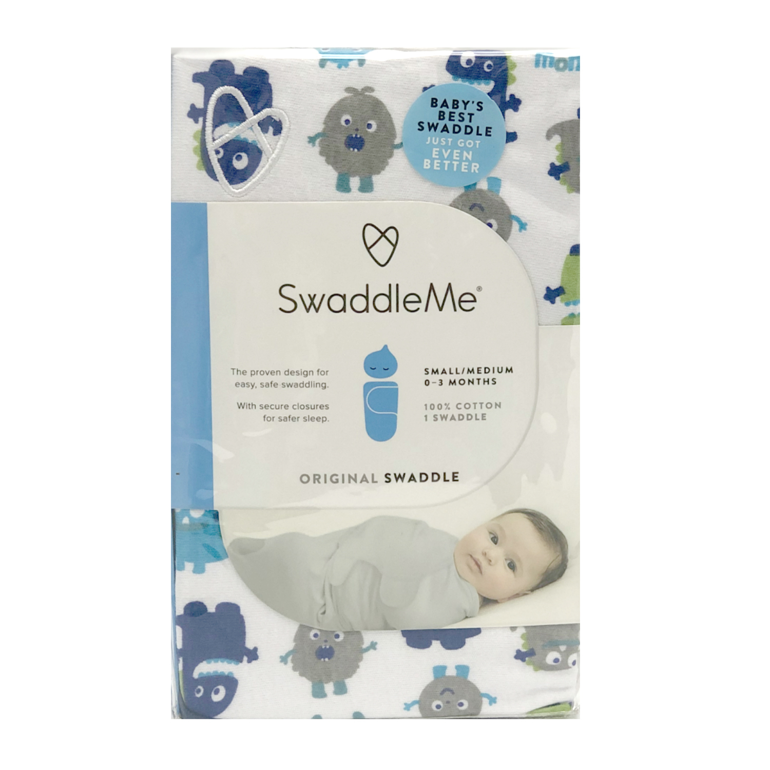 Конверт для пеленания Summer Infant SwaddleMe Маленькие монстры на липучке SM Синий - фото 2